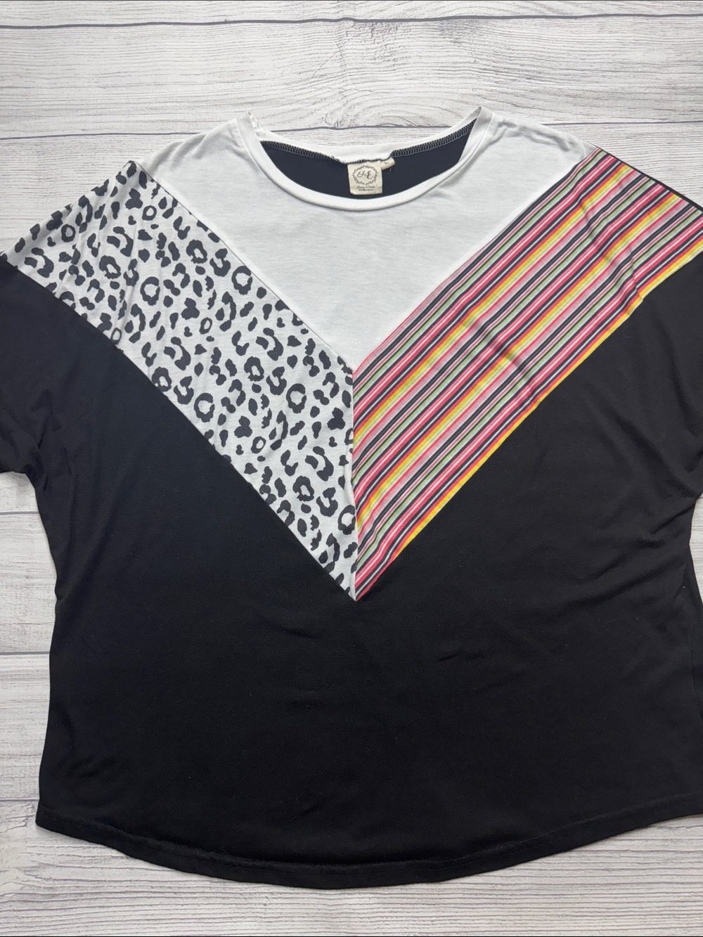 Grace & Emma Black Short-Sleeve V-Panel Tee with Leopard & Multi-Stripe Accent